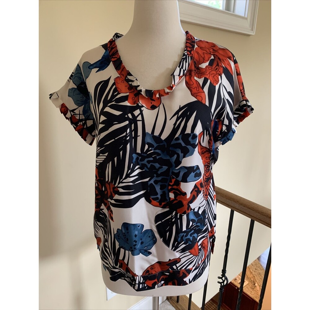 See By Chloe Blouse Silk Top Multi Color Short Sleeves Size 4
